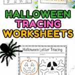 Set of Halloween tracing worksheets showing letter tracing, line paths, and spooky word outlines with pumpkins, ghosts, and witches.