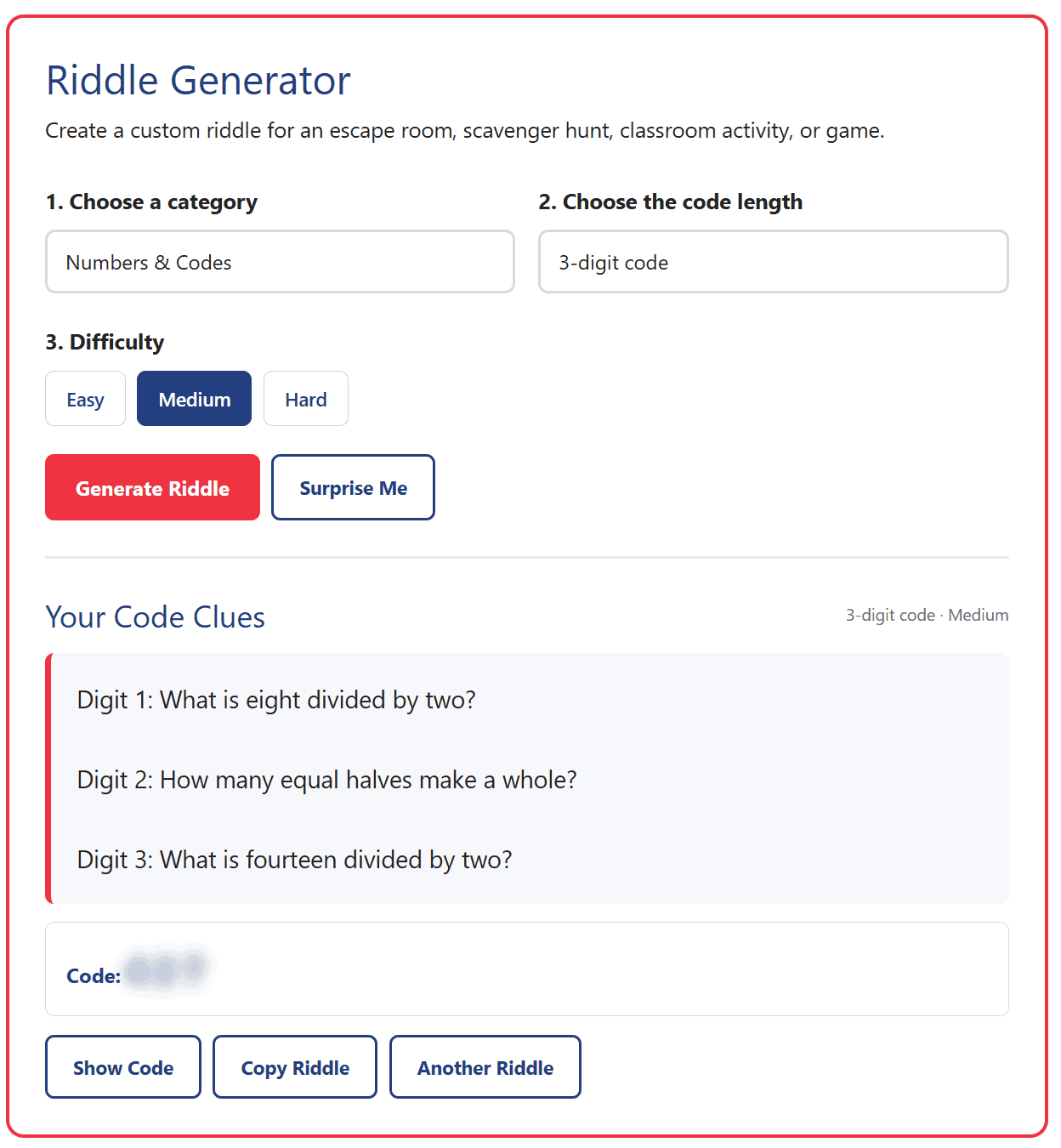 Riddle generator for escape rooms with customizable categories, code lengths, and difficulty levels