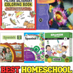 Collage of top-rated Spanish homeschool curriculum workbooks and resources for kids from preschool to high school learners.