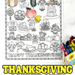 Thanksgiving countdown printable coloring page with 28 numbered fall-themed images like turkeys, pumpkins, and leaves for kids to color each day in November.