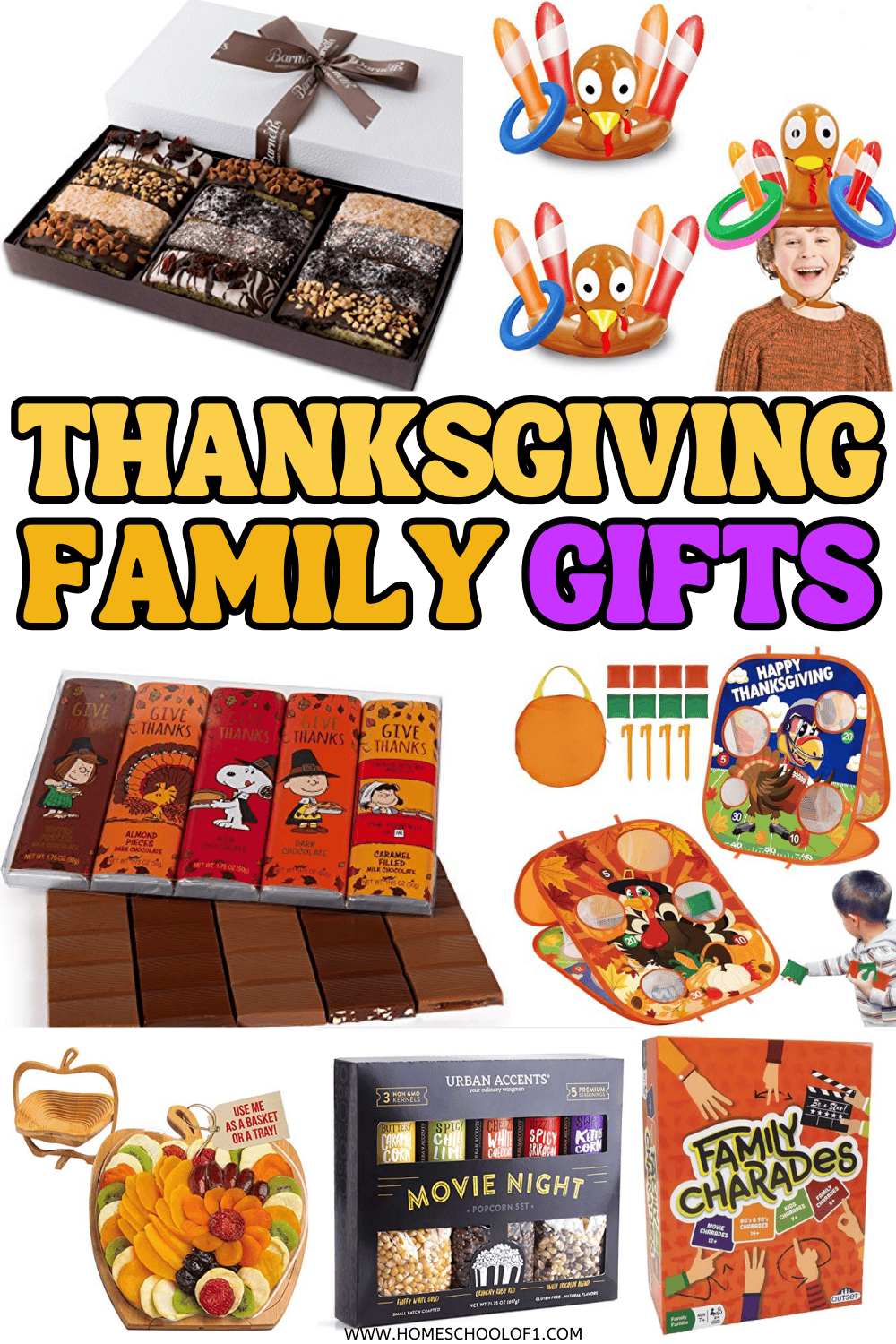 Thanksgiving family gifts including games, chocolate, popcorn, and treats for holiday gatherings.