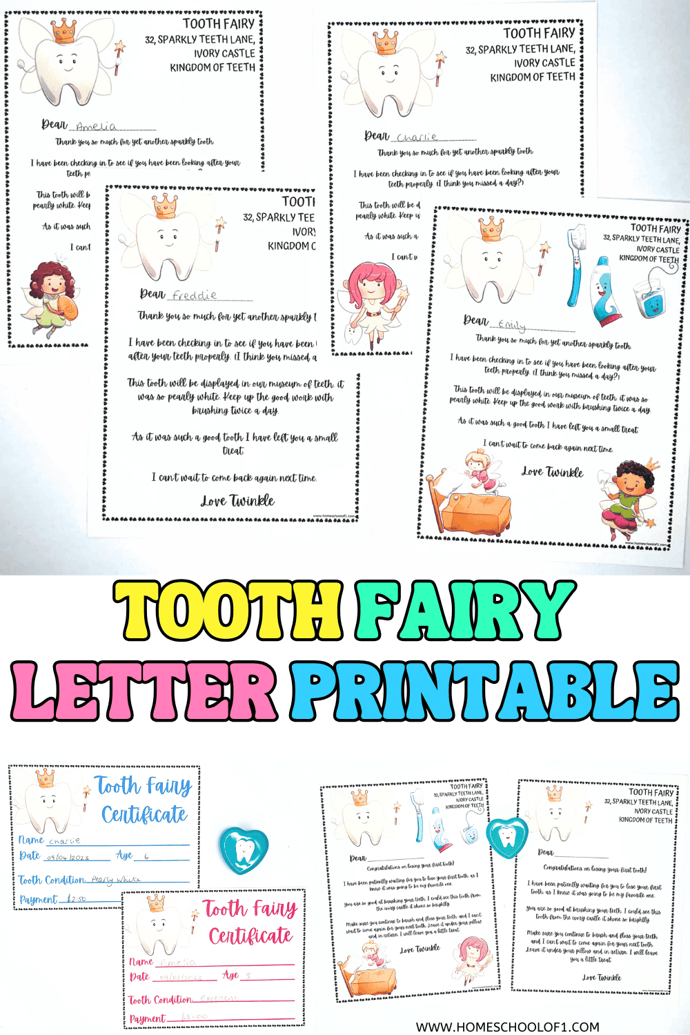 Printable tooth fairy letters and certificates featuring whimsical tooth fairy designs, personalized notes for first lost teeth, and matching keepsake certificates for kids.