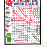 Free Veterans Day word search printable featuring patriotic red, white, and blue letters and words like honor, brave, freedom, and salute, designed for kids to celebrate and learn about Veterans Day.