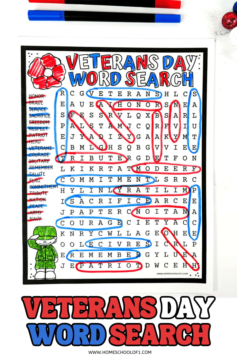 Free Veterans Day word search printable featuring patriotic red, white, and blue letters and words like honor, brave, freedom, and salute, designed for kids to celebrate and learn about Veterans Day.
