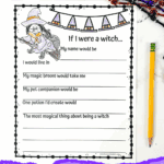 “If I Were a Witch” Halloween journal prompt worksheet for kids with writing lines and coloring space, decorated with witch hats and a broom-riding witch.