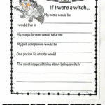 Free printable “If I Were a Witch” writing prompt worksheet for kids featuring creative Halloween-themed questions and a flying witch illustration.