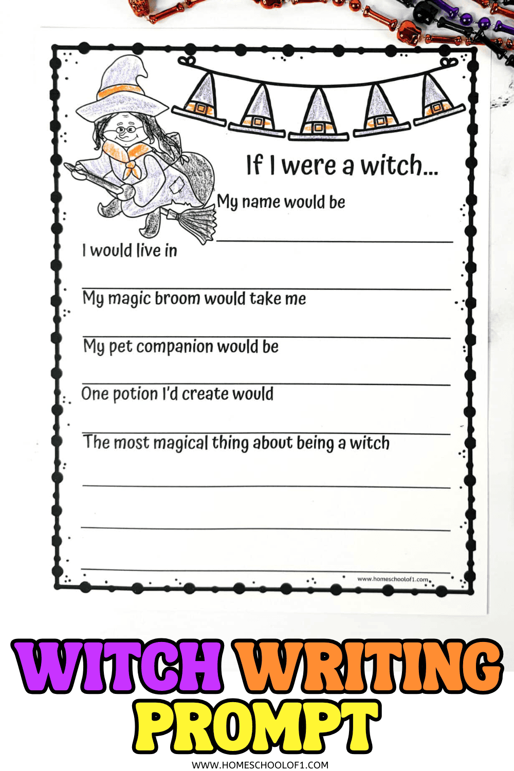 Free printable “If I Were a Witch” writing prompt worksheet for kids featuring creative Halloween-themed questions and a flying witch illustration.


