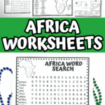 Africa worksheets pack for kids with word scramble, geography map, greetings, fact sheet, flag activity, and word search puzzle.