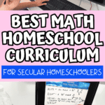 A student studies using both a large desktop screen and a tablet. The tablet shows handwritten geometry notes defining acute, right, and obtuse angles. Overlay text in bold says “BEST MATH HOMESCHOOL CURRICULUM FOR SECULAR HOMESCHOOLERS.”