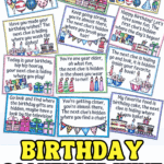 Printable birthday scavenger hunt clues for kids with rhyming riddles and colorful illustrations to hide around the house.