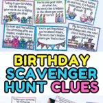Free birthday scavenger hunt clue cards featuring playful rhymes and bright images for an indoor birthday treasure hunt.