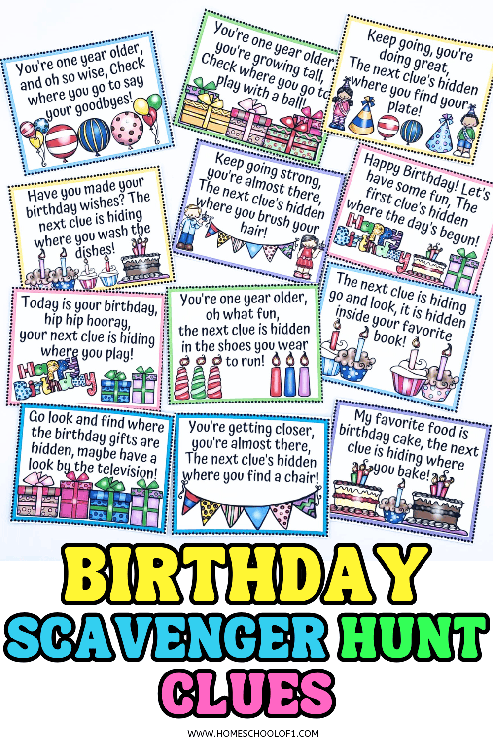 Printable birthday scavenger hunt clues for kids with rhyming riddles and colorful illustrations to hide around the house.