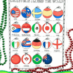 Colorful printable Christmas Around the World worksheet featuring ornaments decorated with country flags like USA, Japan, and Brazil, for kids to match and label.