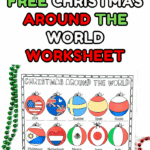 Set of free printable Christmas Around the World worksheets showing color and black-and-white versions of flag ornaments with a holiday theme.