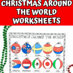 Free Christmas Around the World worksheets for kids, with flag-decorated ornaments representing global countries like France, Canada, and Australia.