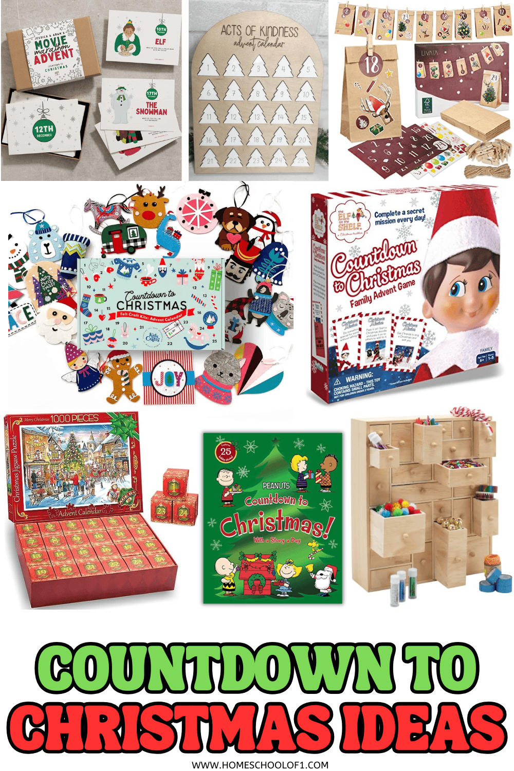 Collage of Advent calendars and Christmas countdown activities for kids including games, crafts, books, and kindness prompts

