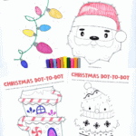 Free Christmas connect the dots worksheets with penguins, Christmas pudding, and a candy cane house for kids to color