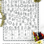 Black and white printable Christmas I Spy activity sheet with festive icons like Santa, stockings, and presents