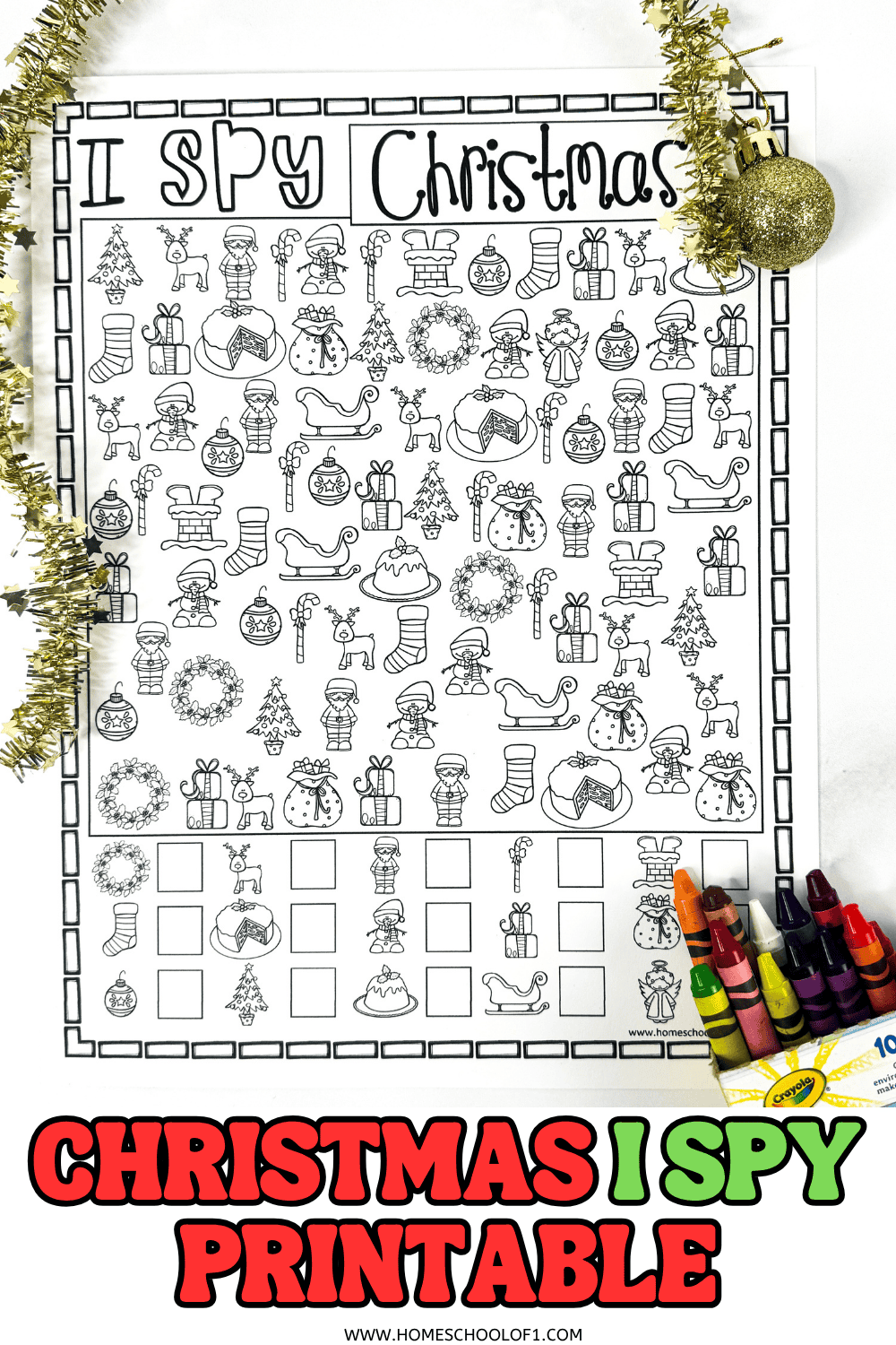 Black and white printable Christmas I Spy activity sheet with festive icons like Santa, stockings, and presents