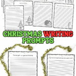 Printable Christmas writing prompt worksheets featuring festive borders and creative holiday-themed questions for kids.
