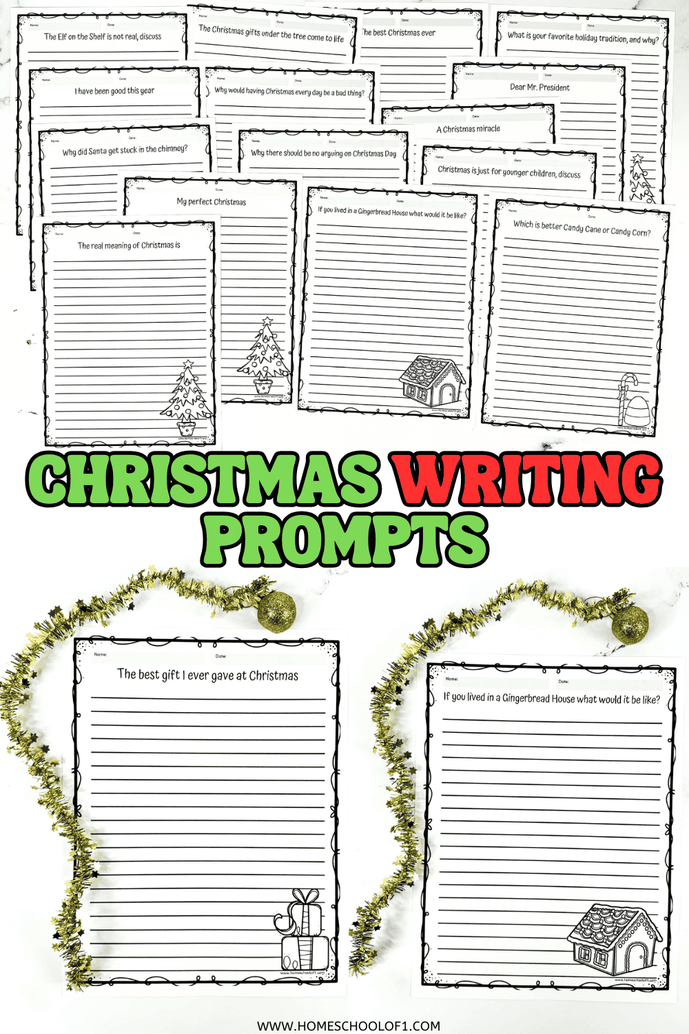 Printable Christmas writing prompt worksheets featuring festive borders and creative holiday-themed questions for kids.