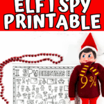 Elf I Spy printable shown with Elf on the Shelf doll and red holiday beads.