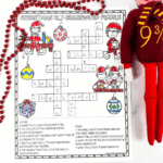 Elf on the Shelf crossword puzzle printable for kids featuring a completed holiday-themed crossword with cute elf illustrations, ornaments, and answer clues.