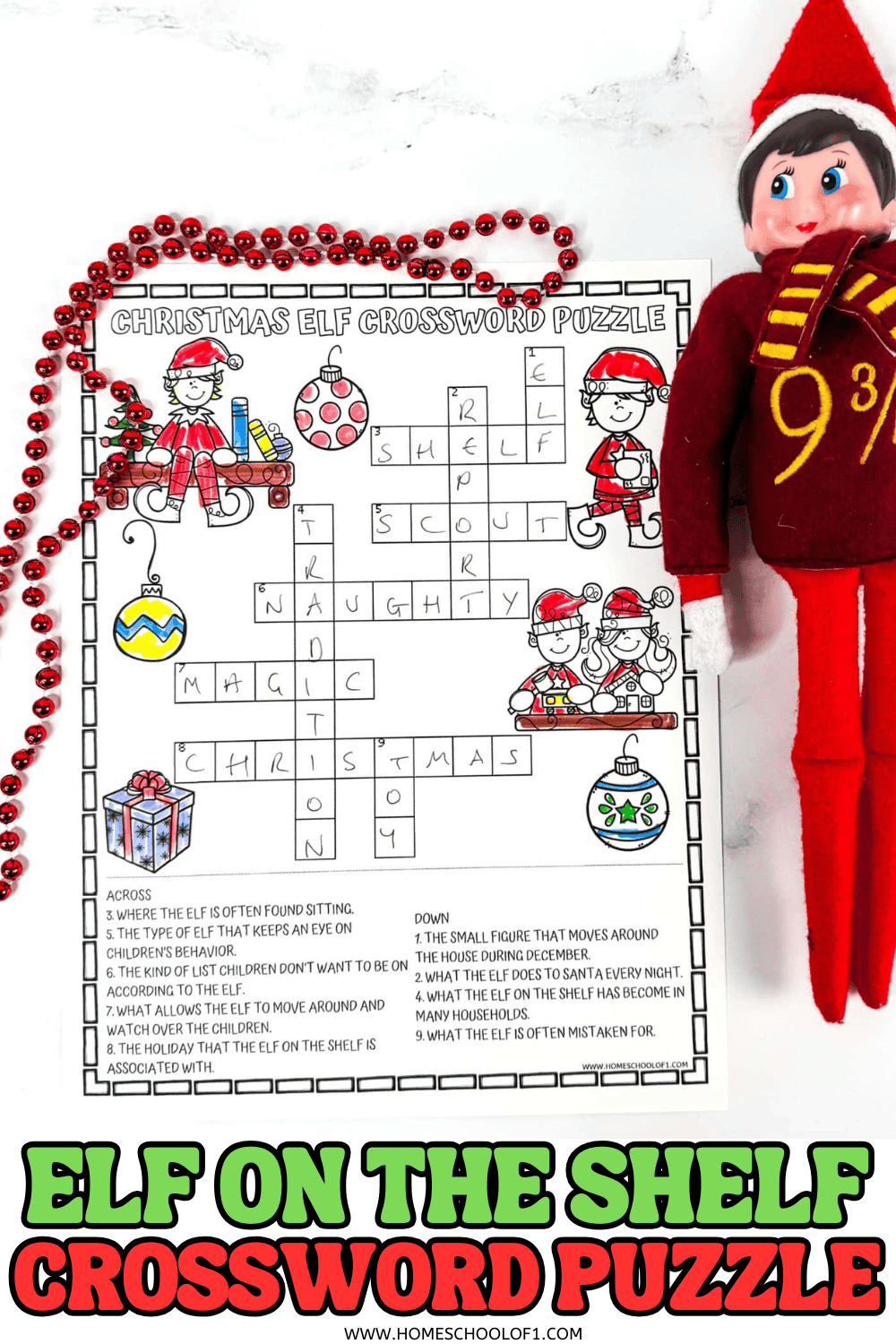 Elf on the Shelf crossword puzzle printable for kids featuring a completed holiday-themed crossword with cute elf illustrations, ornaments, and answer clues.

