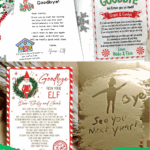 Collection of printable Elf on the Shelf goodbye letters and a farewell written in shaving cream on a mirror, with green decorative borders.