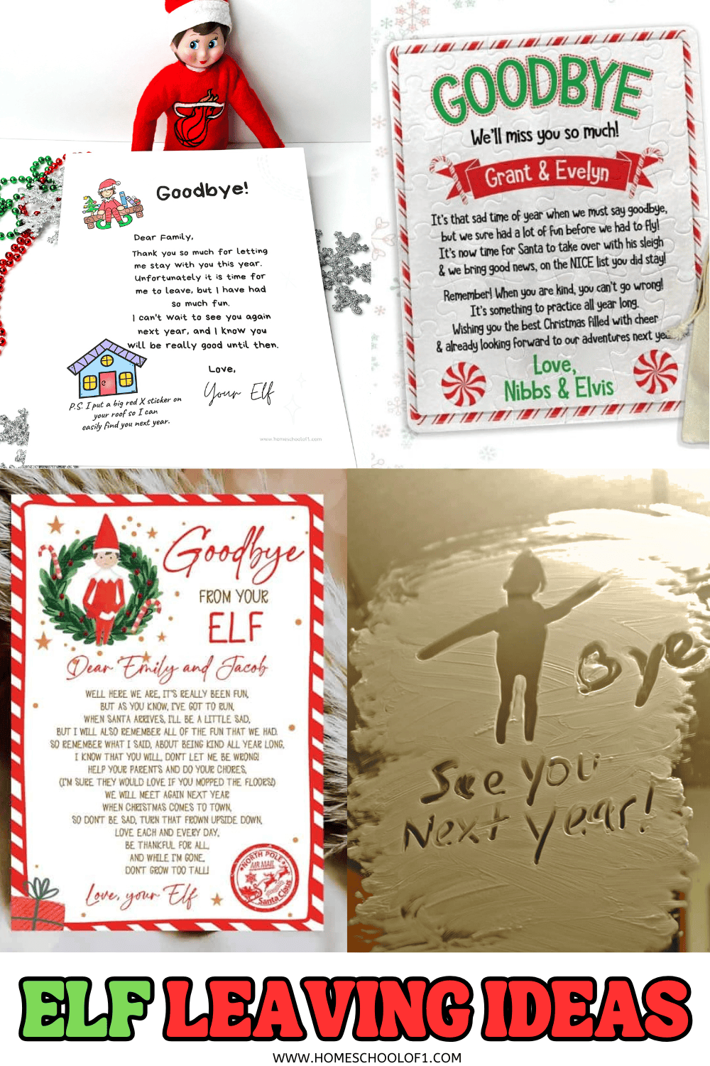 Four creative Elf on the Shelf leaving ideas, including printable goodbye letters and a mirror message that says “See you next year!”