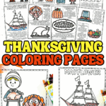 Printable Thanksgiving history coloring pages for kids featuring Pilgrims, Native Americans, Mayflower, and traditional foods.