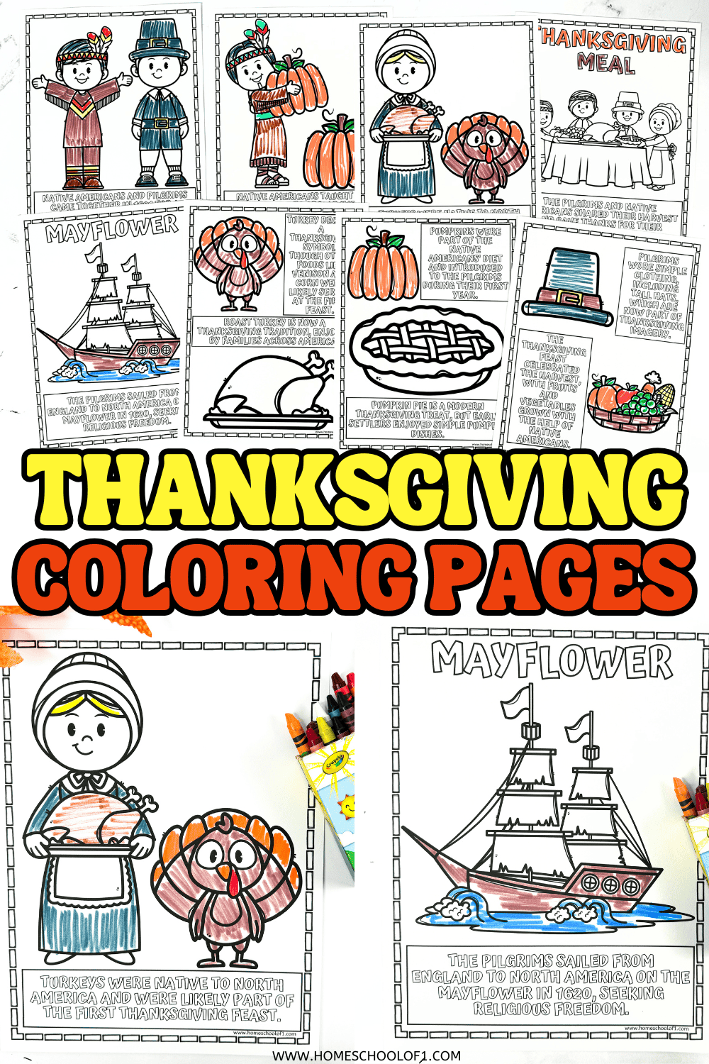 Printable Thanksgiving history coloring pages for kids featuring Pilgrims, Native Americans, Mayflower, and traditional foods.

