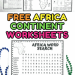 Printable Africa continent worksheets featuring word scramble, fact sheet, greetings in African languages, country map, and word search.