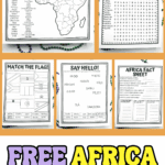 Preview of free Africa worksheets for kids including a labeled map, word search, flag matching, greetings activity, and fact sheet.