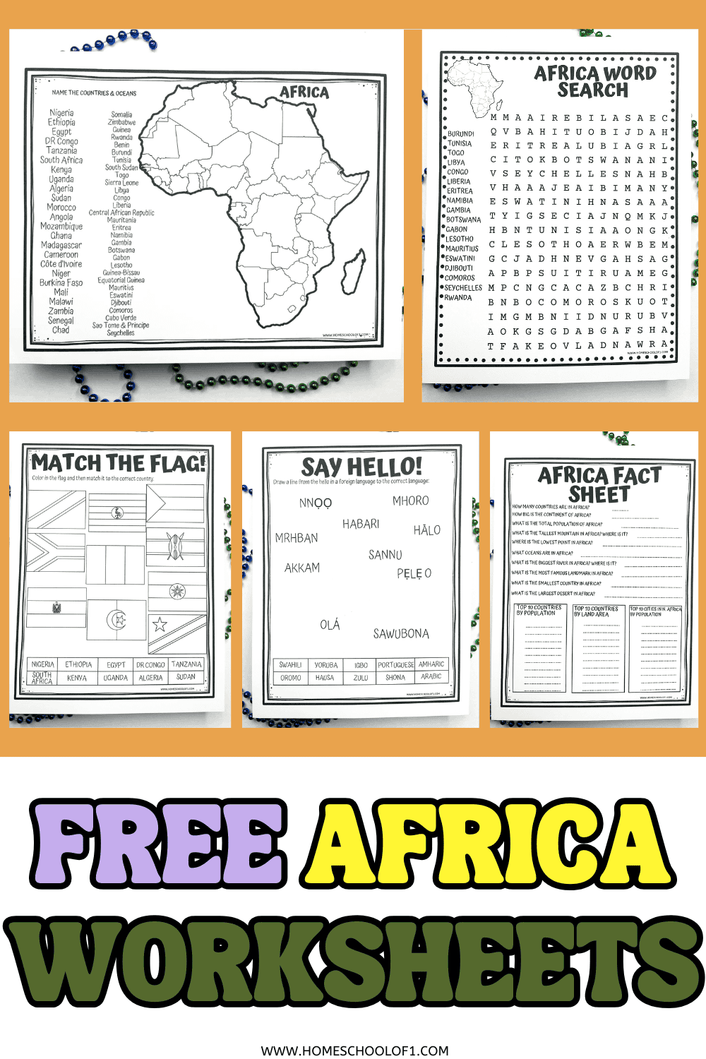 Preview of free Africa worksheets for kids including a labeled map, word search, flag matching, greetings activity, and fact sheet.

