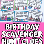 Fun birthday scavenger hunt clues printable with themed riddles and a gift bag setup, perfect for kids’ party activities.