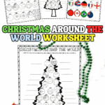 Black and white printable Christmas Around the World worksheet with flag ornaments shaped like baubles and a coloring tree, designed for kids to match countries and flags.