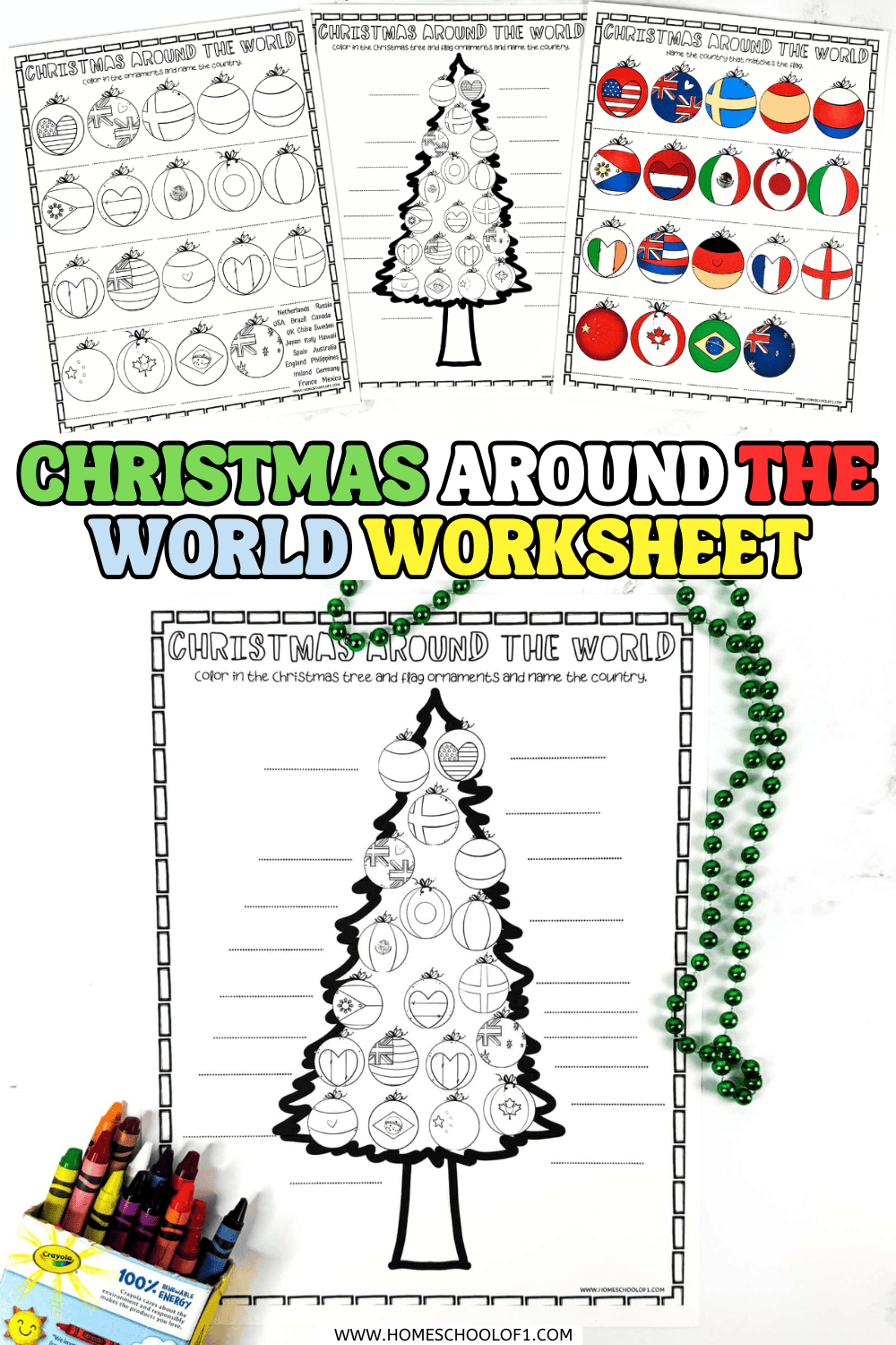 Black and white printable Christmas Around the World worksheet with flag ornaments shaped like baubles and a coloring tree, designed for kids to match countries and flags.

