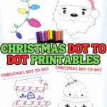Free printable Christmas dot to dot activity pages with Santa, Christmas lights, candy cane house, and penguin wearing a winter hat