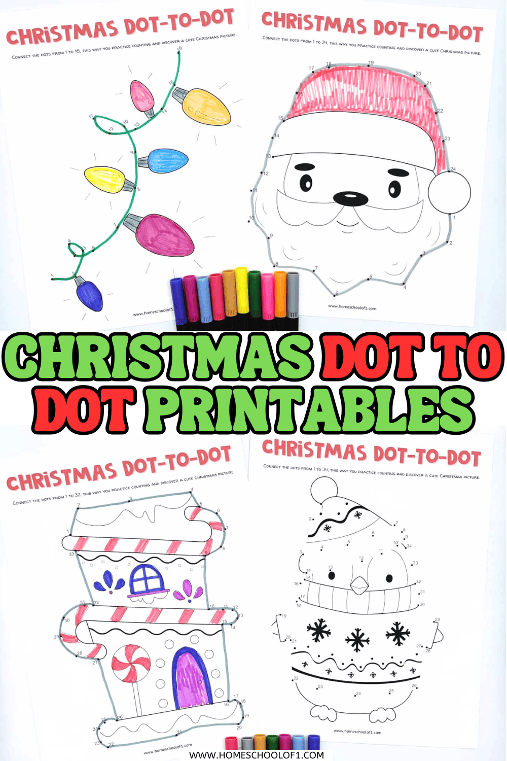 Free printable Christmas dot to dot activity pages with Santa, Christmas lights, candy cane house, and penguin wearing a winter hat

