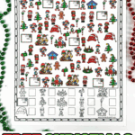 Colorful Christmas Elf I Spy printable with elves, candy canes, Santa hats, and holiday icons.