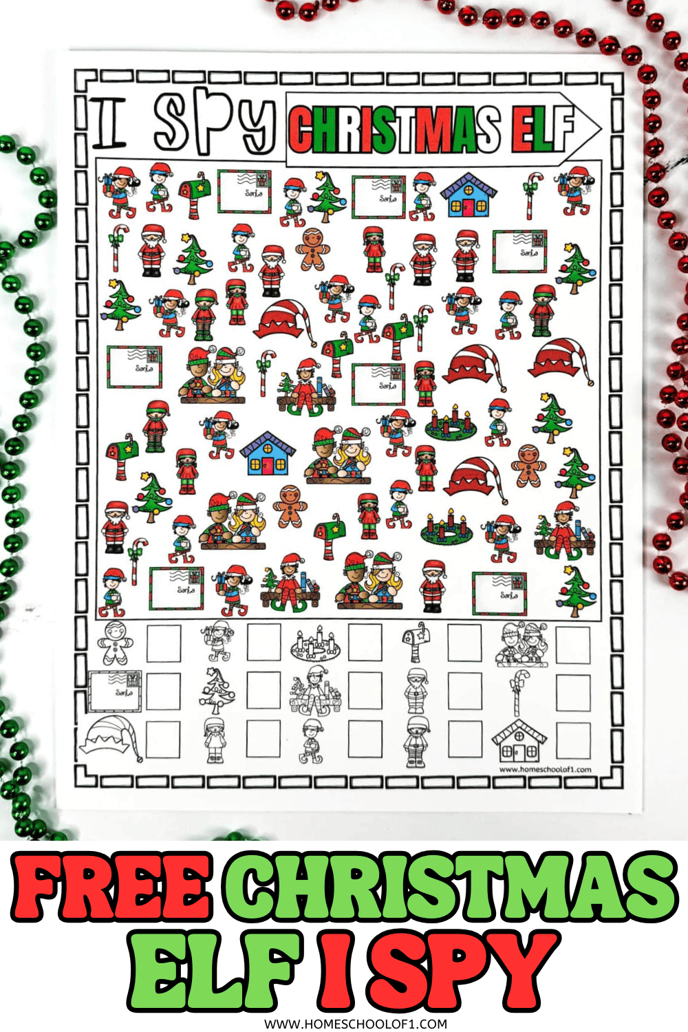 Colorful Christmas Elf I Spy printable with elves, candy canes, Santa hats, and holiday icons.