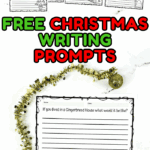 Gingerbread house-themed Christmas writing prompt printable with festive tinsel and title text promoting free writing prompts.