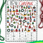 Colored Christmas I Spy printable game with Santa, sleigh, gifts, and wreaths surrounded by green and red beads