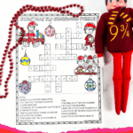 Free printable Christmas elf crossword puzzle for kids with colorful illustrations of elves, ornaments, and holiday items alongside a completed puzzle grid.