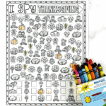 Black and white Thanksgiving I Spy worksheet with crayons on the side, ready for kids to color and count festive images.