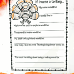 Printable “If I Were a Turkey” writing prompt activity sheet with Thanksgiving questions for kids’ creative writing.