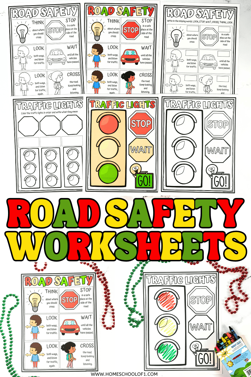 Free printable road safety worksheets for kids showing road crossing steps and traffic light activities, with color and black-and-white pages for early learners.