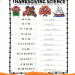 Thanksgiving science worksheet featuring periodic table number codes and decoded fall words, with colored-in turkeys and ship illustrations at the top.