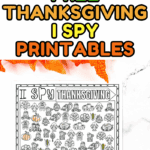 Set of three Thanksgiving I Spy worksheets in both color and black-and-white formats with fall decorations.